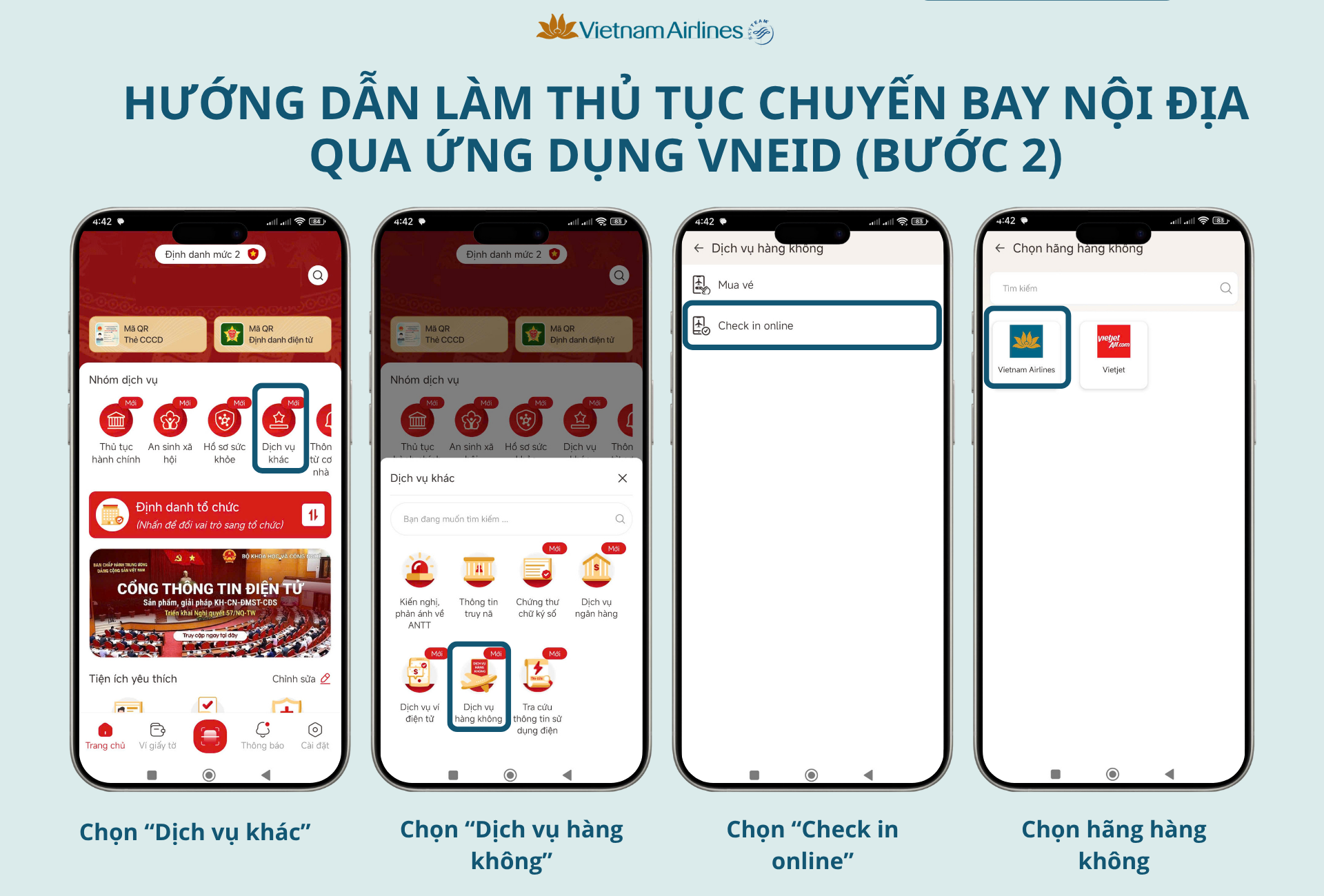 Quý khách làm thủ tục check-in online tại phần “Dịch vụ khác”, mục “Dịch vụ hàng không” trên ứng dụng VNeID