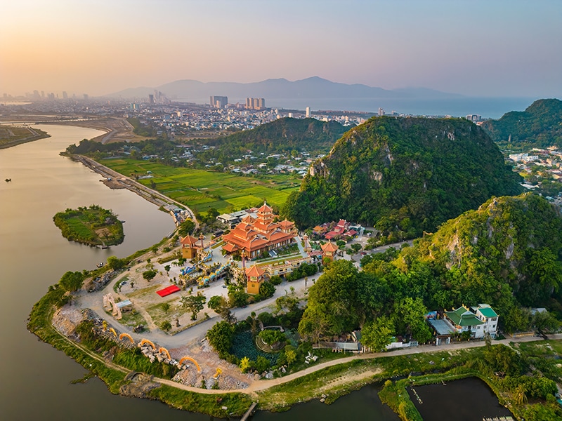 Aerial view of Da Nang Marble mountains which is a very famous destination.