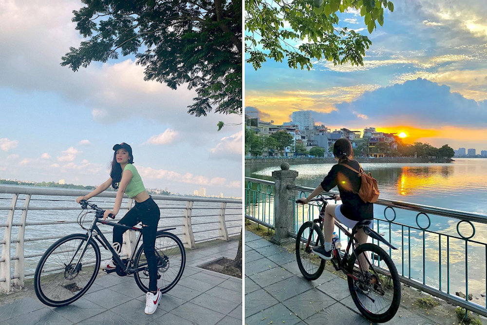 Cycling around West Lake allows travelers to enjoy fresh air, lakeside temples, and quiet neighborhoods