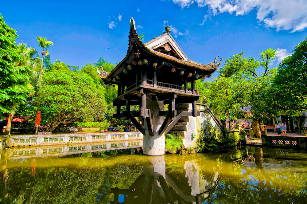 The One Pillar Pagoda symbolizes purity and peace with its unique lotus-shaped design on a single column