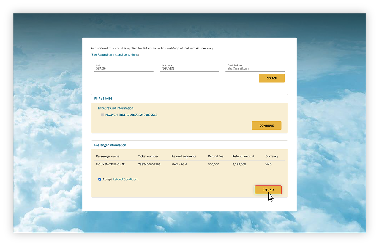 Instructions for refunding tickets on the website 1.