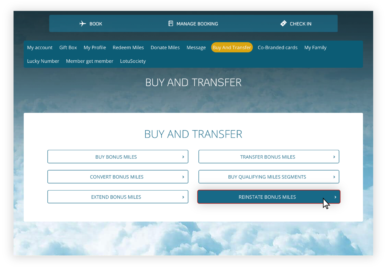 Instructions for reinstating bonus miles on the website 3.