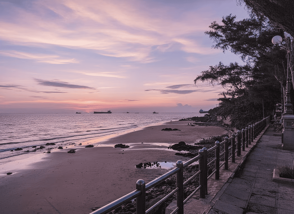Dau Beach's golden sunset illuminating the historic Duc Me Bai Dau Church perched on hilltop overlooking the sea