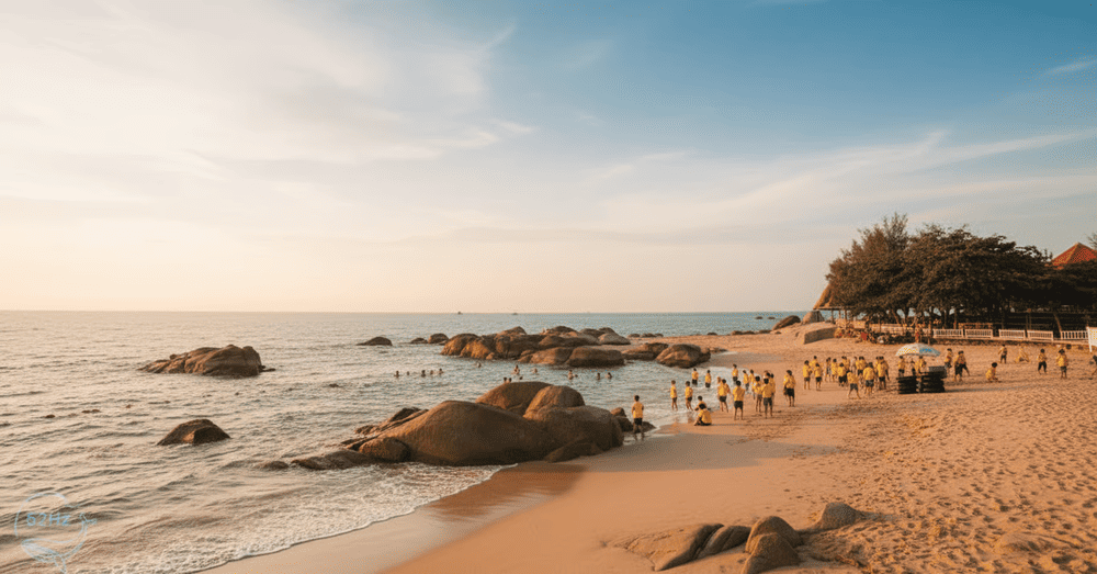 Long Hai Beach's expansive flat sand perfect for camping with colorful tents dotting the pristine coastline