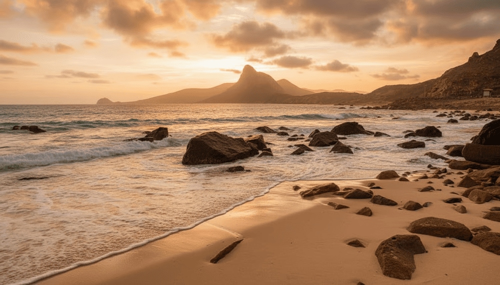Phuoc Hai Beach's pristine white sand and crystal-clear waters nestled at the foot of verdant Minh Dam Mountain