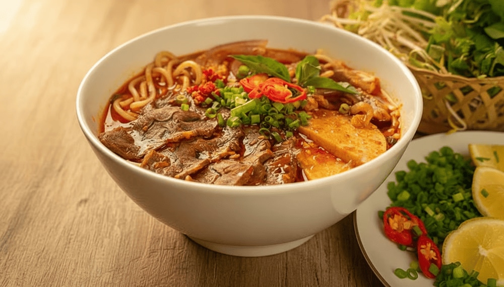 Bun bo Hue Ngu Binh features authentic thick noodles with plentiful toppings, including tender, fragrant beef shank and rich knuckles that are incredibly satisfying