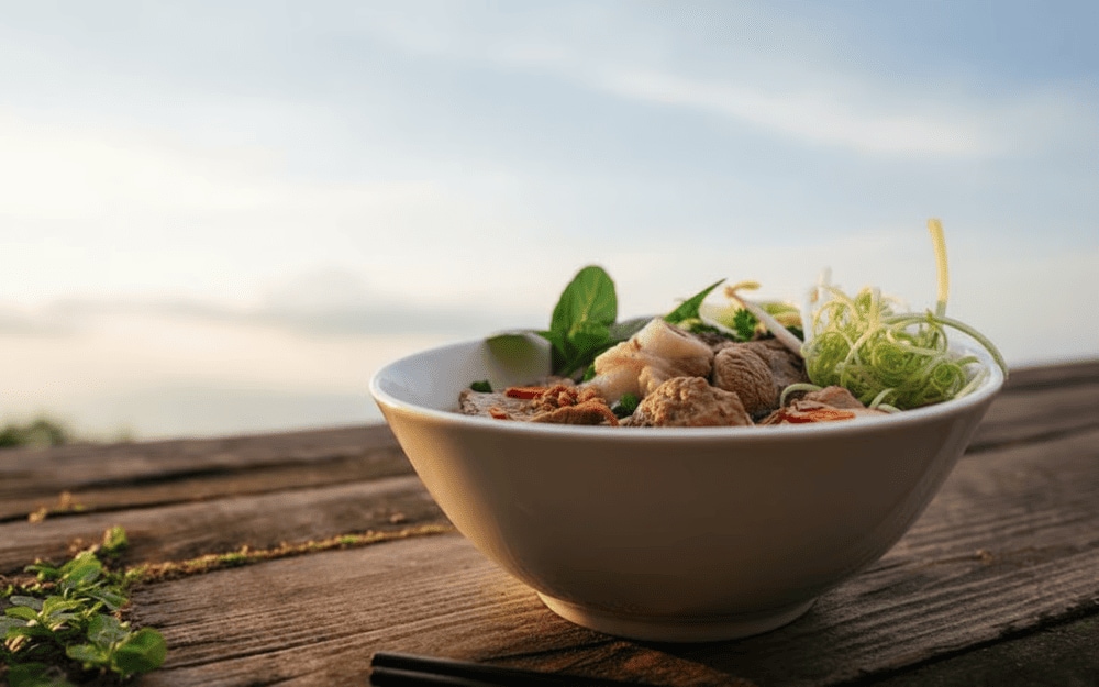 Bun bo Hue Ut Hung combines the richness of slow-simmered broth, the fragrance of lemongrass, and the tenderness of beef
