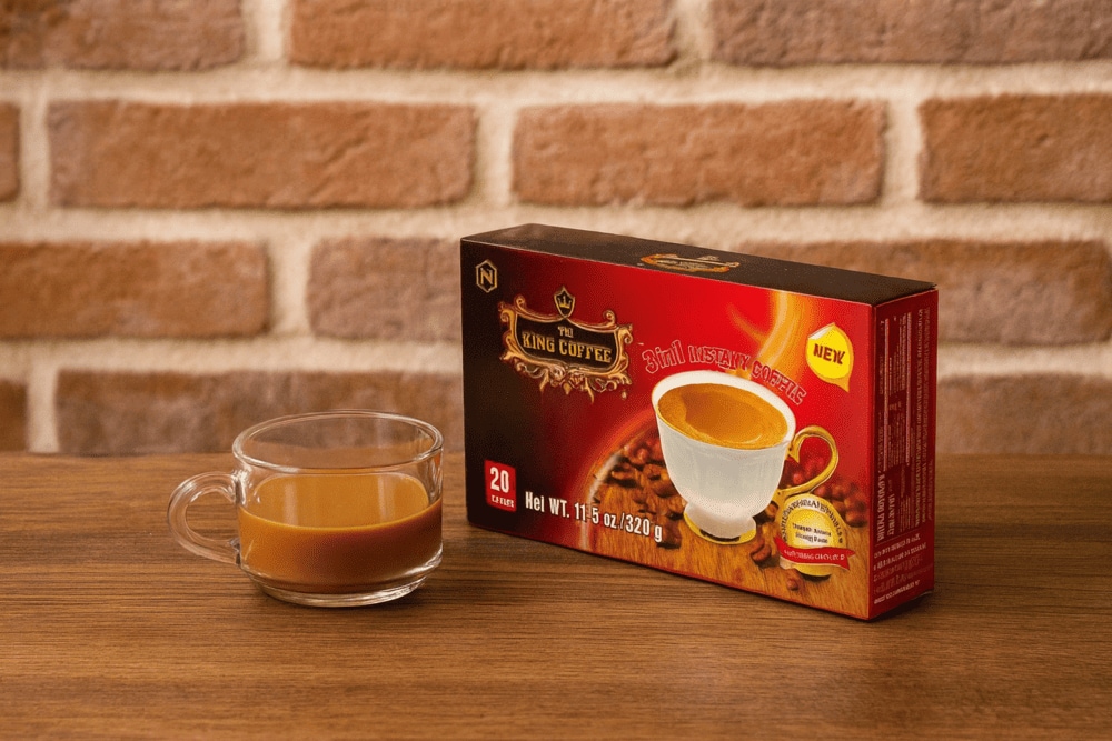 King Coffee delivers a bold, full-bodied flavor with deep roasted notes and a lingering, slightly bitter finish typical of Vietnamese robusta beans