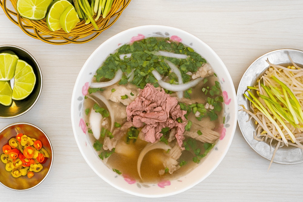 A rich bowl of pho with tender rare beef and bouncy beef balls in a fragrant broth