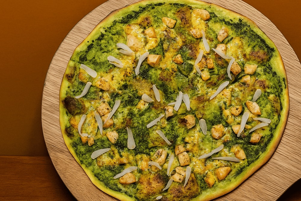 Paolo & Chi Pizzeria Old Quarter presents a seafood pizza featuring mussels, shrimp, and garnished with fresh parsley and lemon wedges