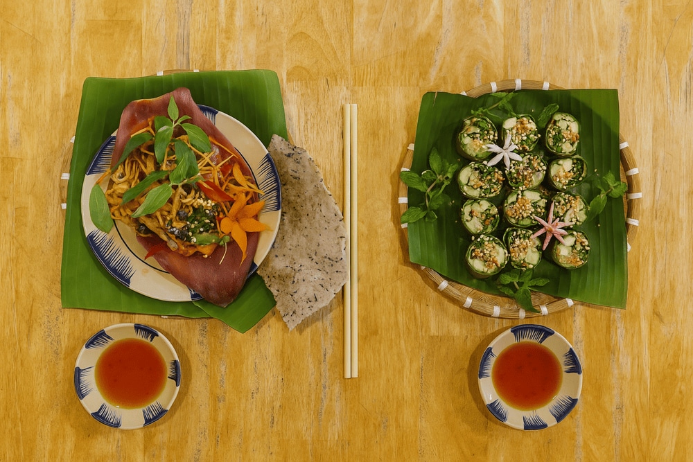 The diverse menu features standout vegetarian dishes like mushroom hotpot, vegan banh xeo, and Hue-style noodle soup that win over diners at first bite