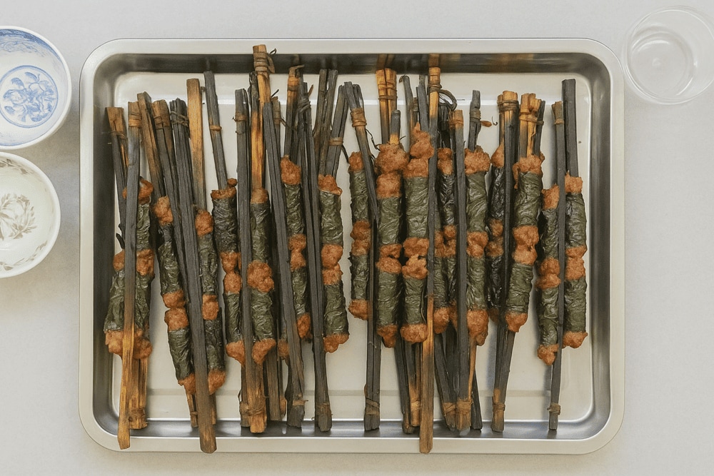 The defining feature of Bun Cha Que Tre Binh Chung is its unique use of fresh bamboo skewers