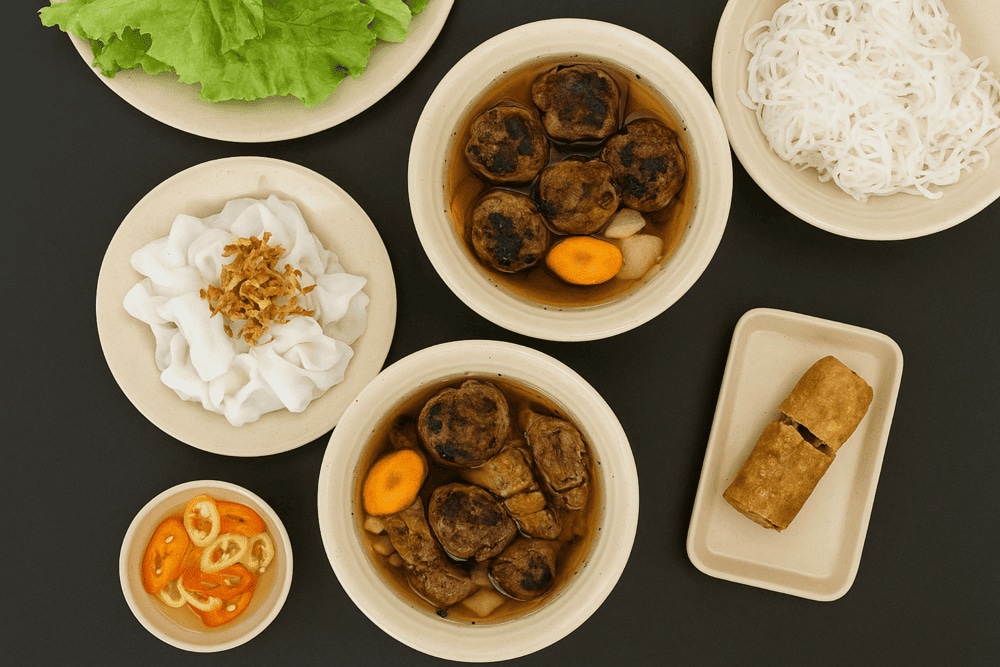 The flavor of the bun cha is elevated by the addition of fragrant grilled beef wrapped in betel leaves