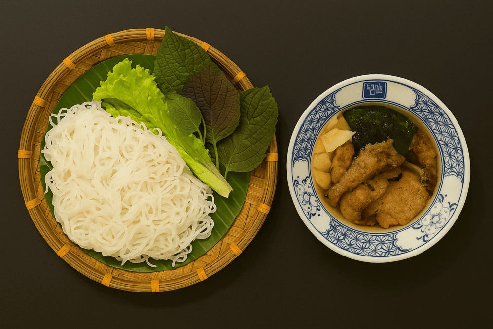 The grilled pork and tangy-sweet dipping sauce are marinated and prepared in true Hanoi style