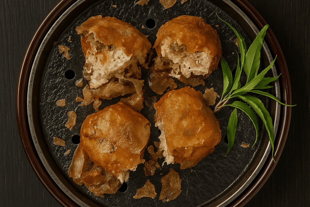 The square crab spring rolls are fried to a crispy golden brown and cut into bite-sized pieces for serving