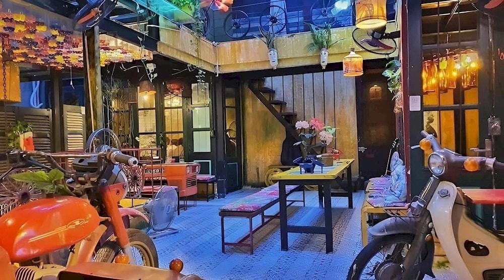 The cafe's space is creatively designed with recycled items