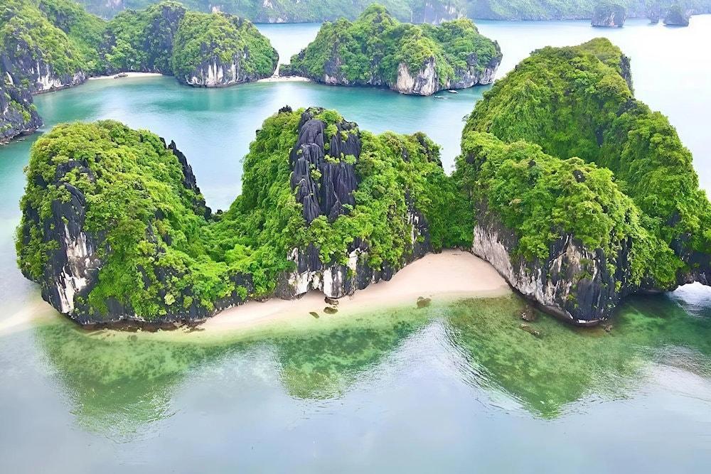 A secluded beach with clear water, only accessible by boat
