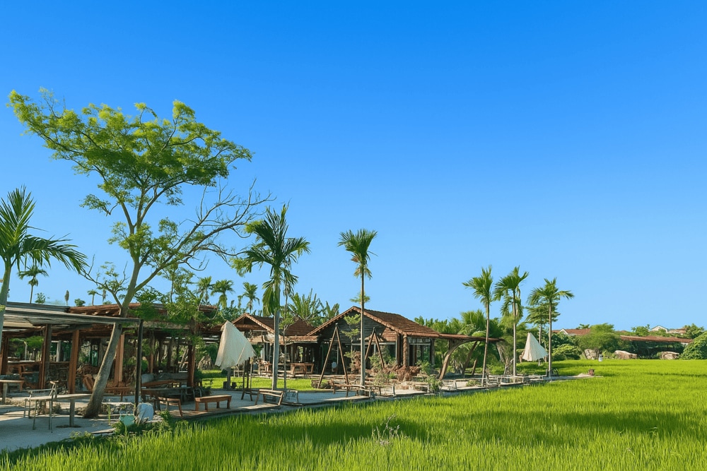 Roving Chill House is surrounded by peaceful countryside and lush rice fields, featuring spacious outdoor areas