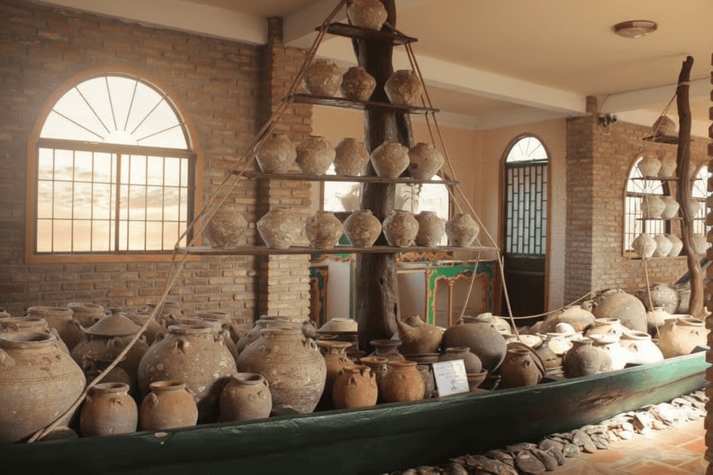 The museum displays a traditional fishing boat filled with ancient ceramic jars