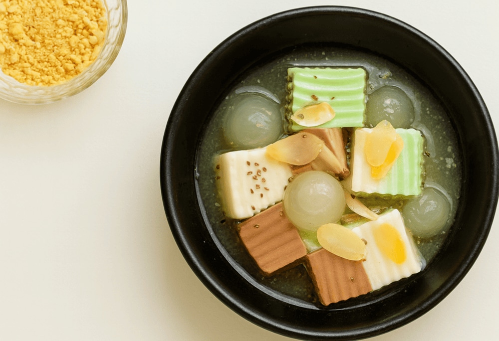 Coconut jelly cubes arranged with fresh longan, garnished with sliced almonds