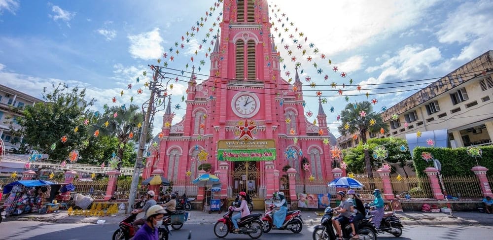 Tan Dinh Church is an iconic pink church that stands out beautifully amidst the modern landscape of Ho Chi Minh City
