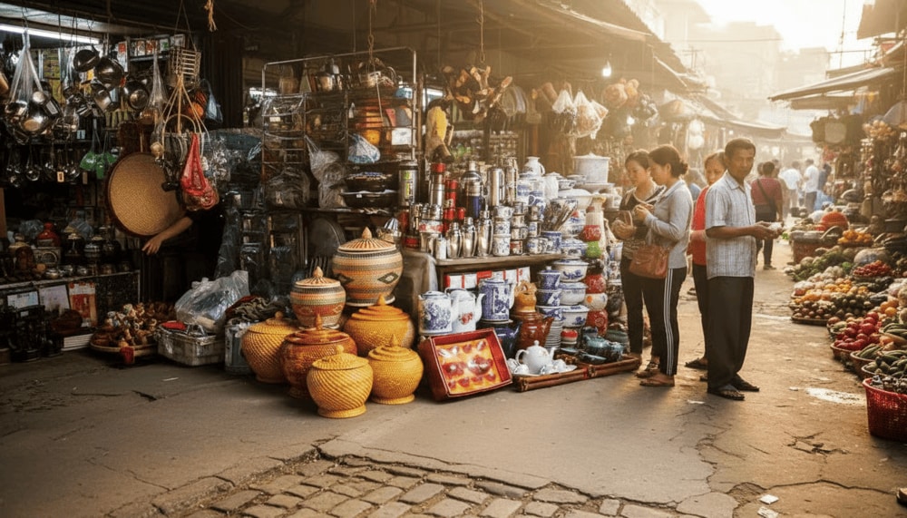 Vibrant souvenir stalls at Dong Ba Market offer hats, crafts, and textiles – a highlight in many dong ba market reviews