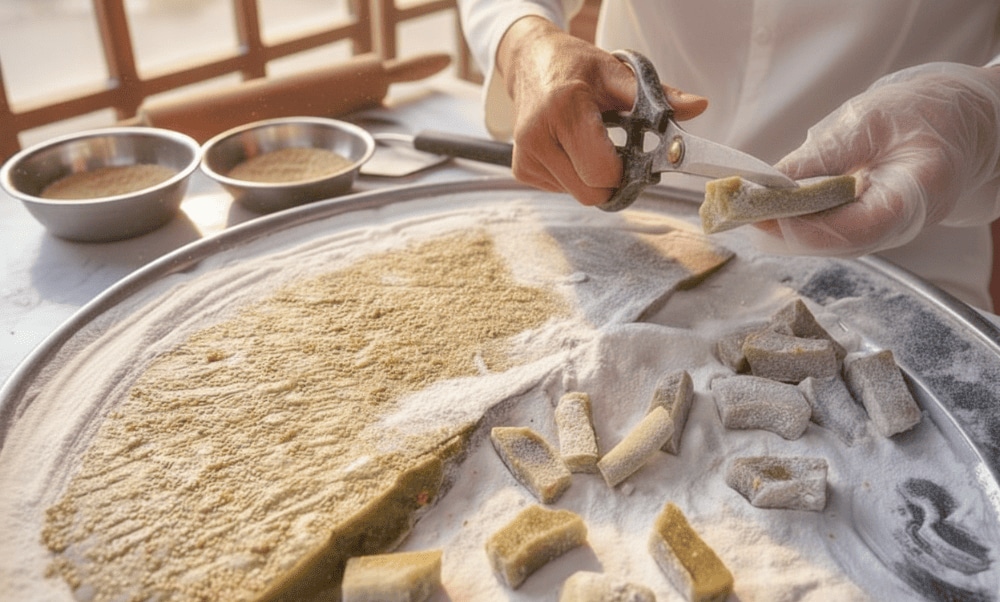Che Lam is a sticky rice cake with ginger, peanuts, and sesame