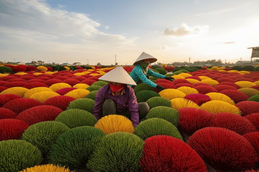 The vibrant beauty of Quang Phu Cau Incense Village, where colorful incense bundles create a mesmerizing scene