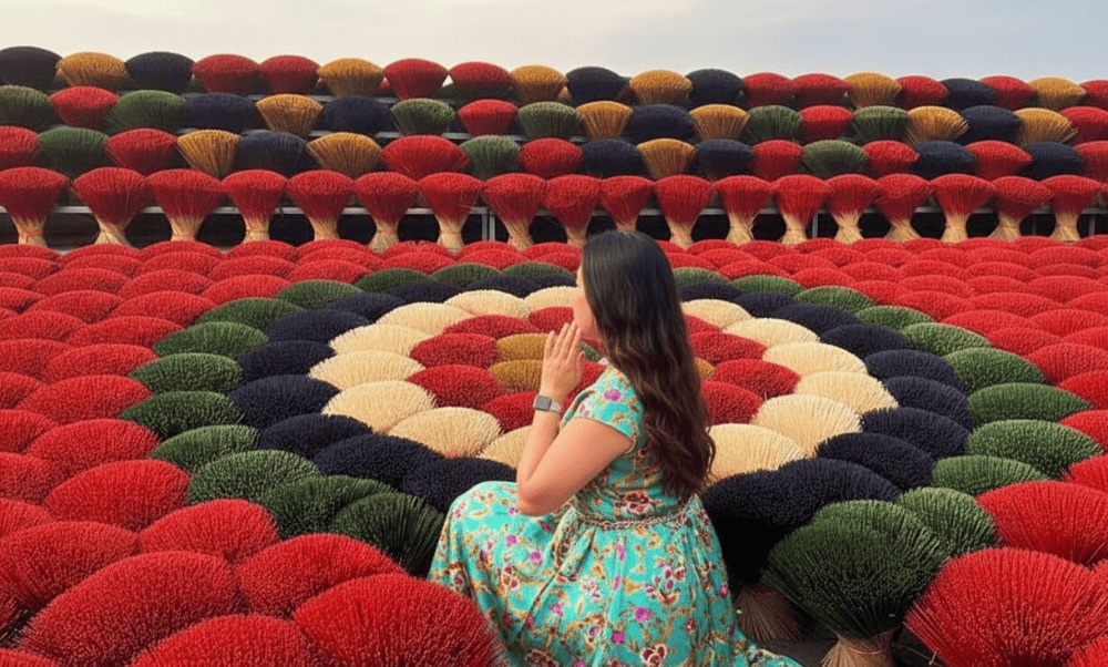The vibrant incense fields of Quang Phu Cau create a mesmerizing backdrop, attracting visitors to this unique cultural craft village