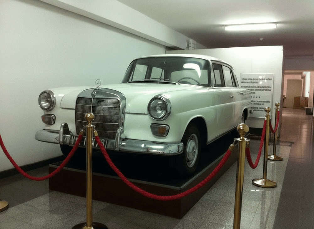 Former President Nguyen Van Thieu’s Mercedes-Benz, fully restored to its original condition, is displayed on the ground floor