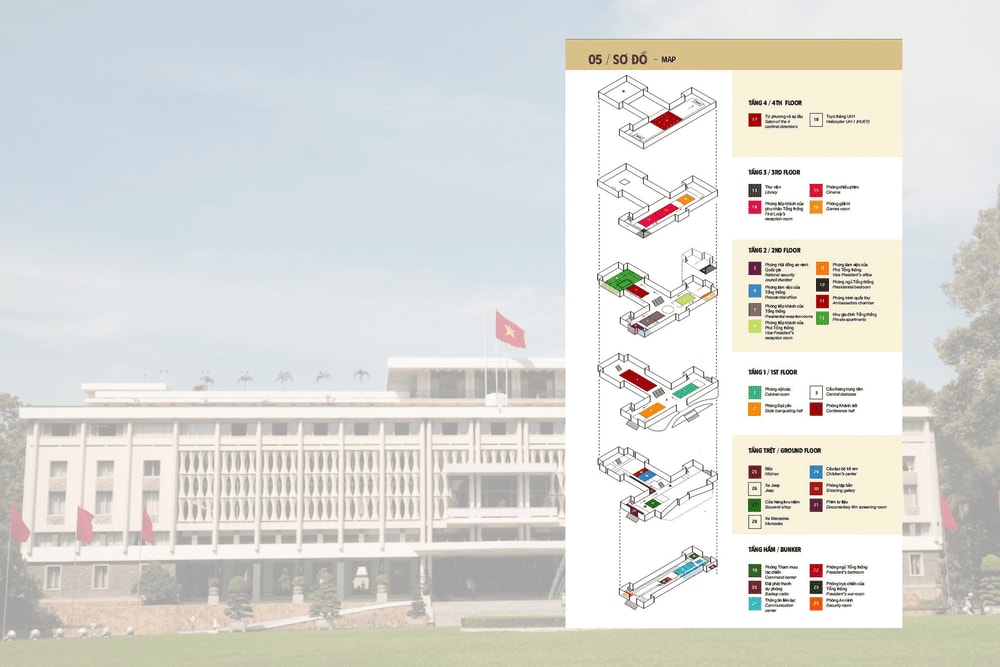 The Independence Palace was constructed in a T-shaped layout, consisting of a total of five floors and one basement