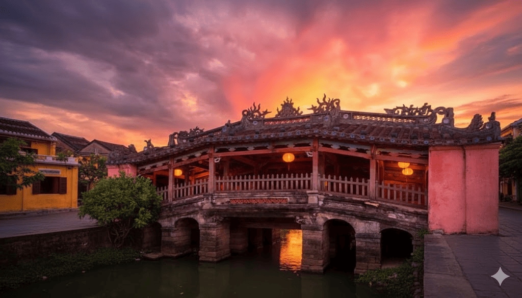 As the sun sets, the Japanese Bridge glows with a warm golden hue, illuminated by the soft light of the fading day
