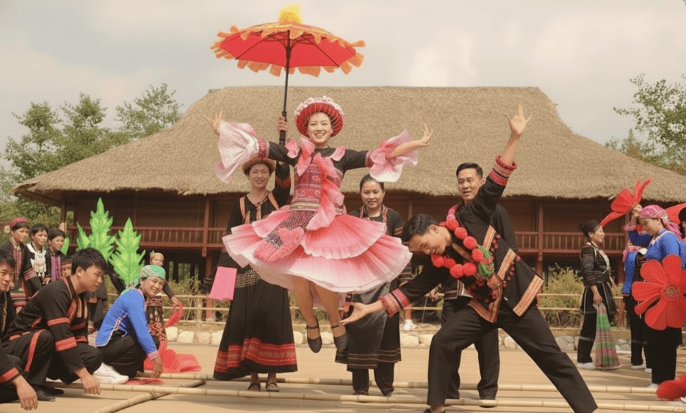 The traditional umbrella dance is a performance that attracts the attention of visitors