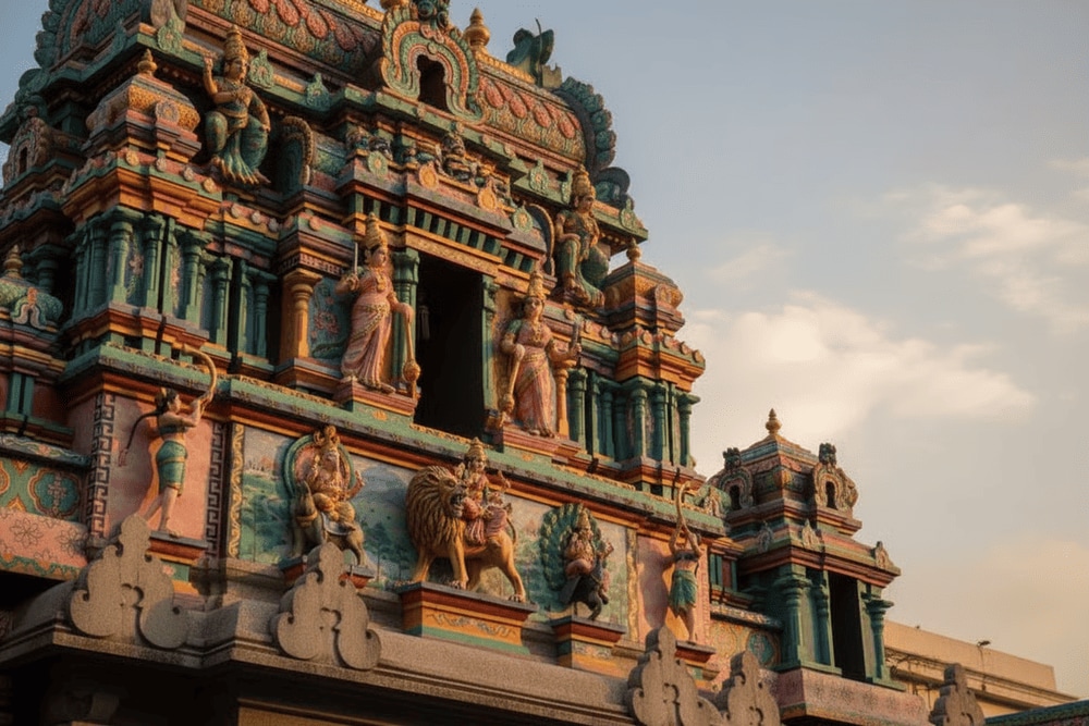 Panoramic view of the vibrant Gopuram tower, adorned with multi-tiered Hindu deities