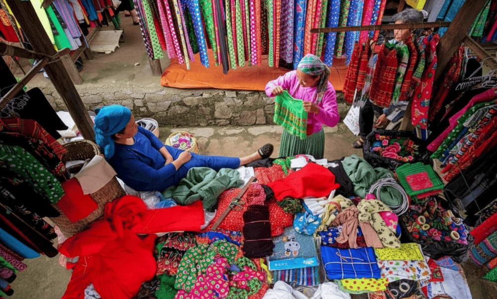 Intricately woven fabrics and embroidered garments showcase the skilled craftsmanship of local artisans