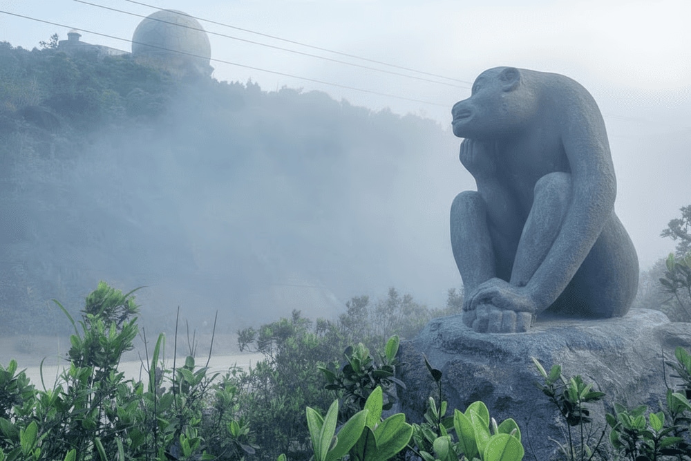 Monkey statues in different colors line the path up Monkey Mountain, creating unique photo spots for visitors