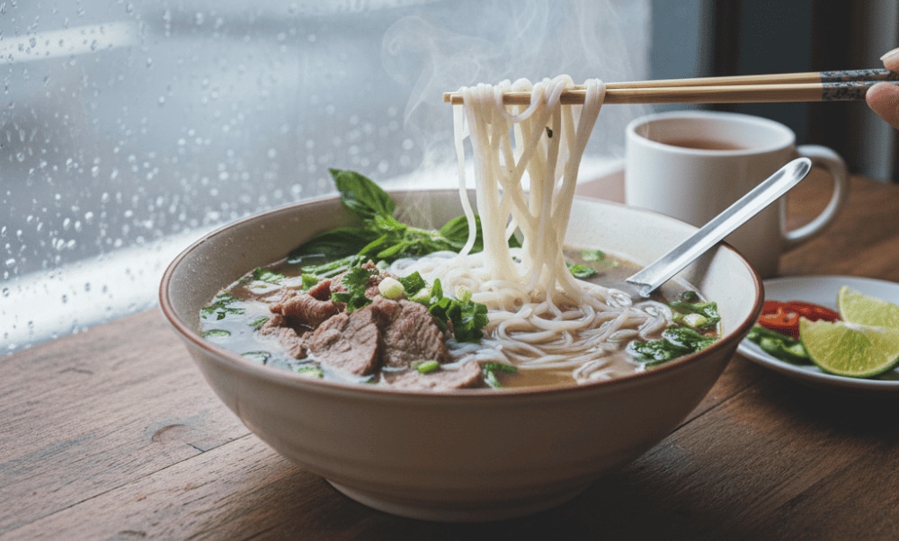 Enjoying a bowl of hot pho on a rainy day is a memorable culinary experience