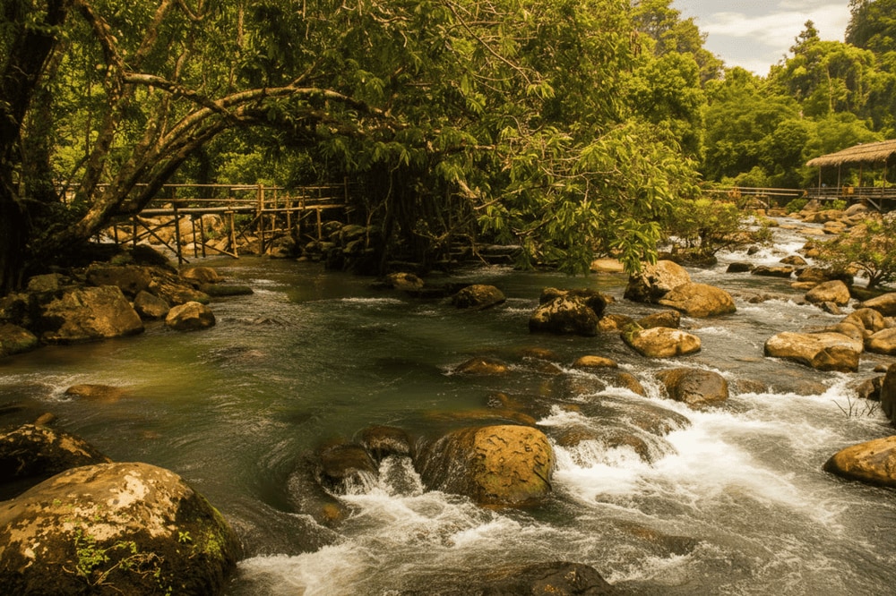 Wet surfaces such as rocks and rope bridges can be slippery, so tread carefully and wear proper footwear