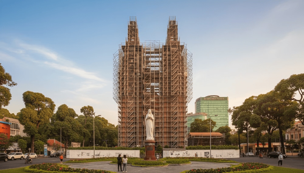 The major restoration of Notre Dame Cathedral began on 01 July 2017, led by Monument Group from Belgium, with an expected completion date in 2027
