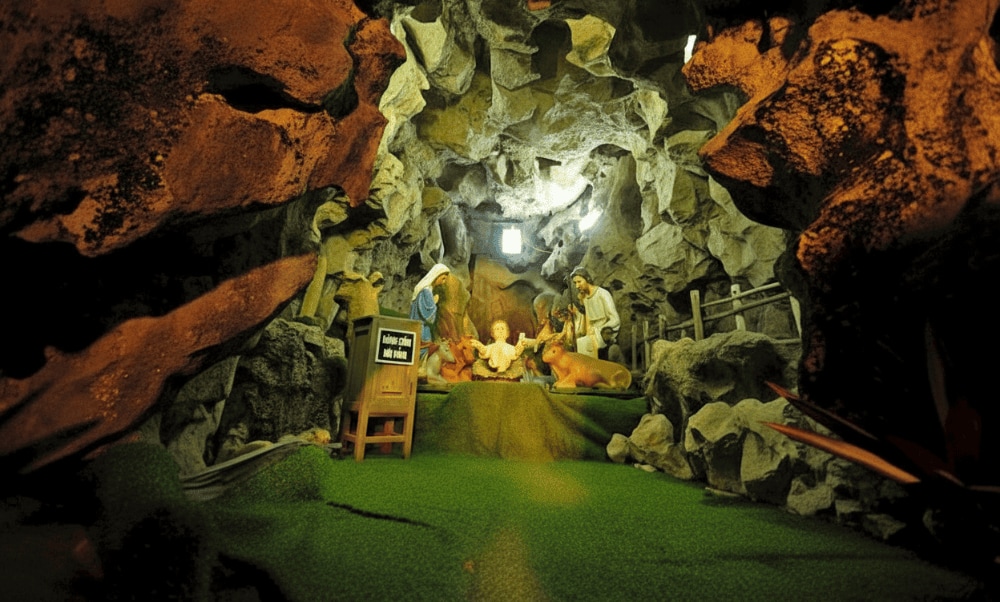 The Nativity Grotto symbolizes the peaceful birth of Jesus, with intricate carvings of the Holy Family