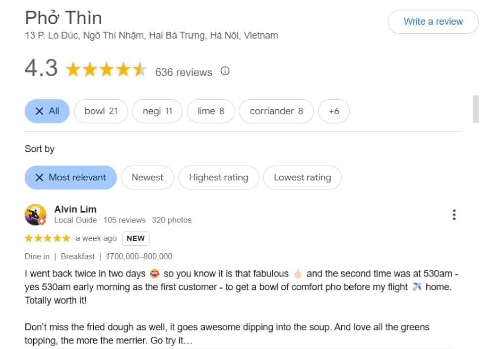 Reviews about Pho Thin Lo Duc