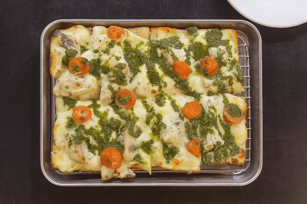 Signature rectangular Detroit-style pizza with crispy Frico cheese edges