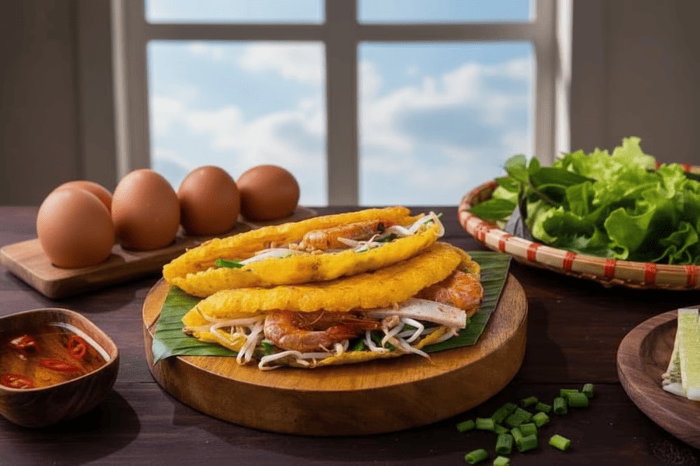 The crepe is filled with pork, shrimp, and bean sprouts before being folded like an omelet.