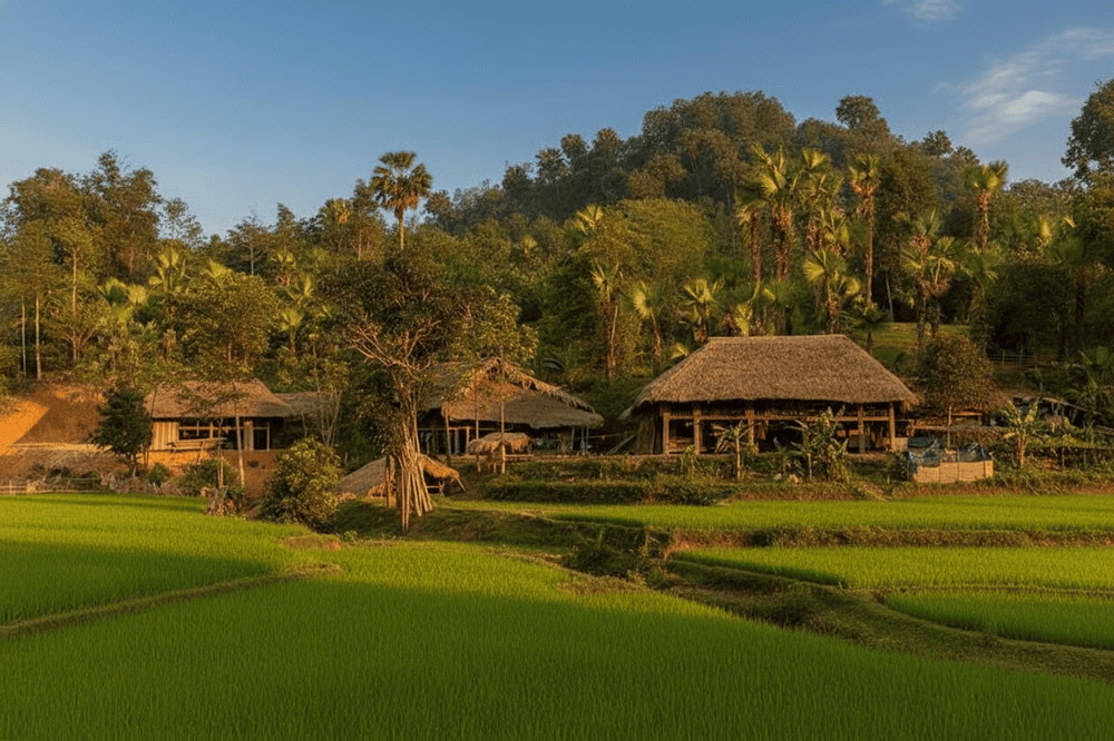 Traditional Dao houses in Ngoi Tu Village nestled among green hills