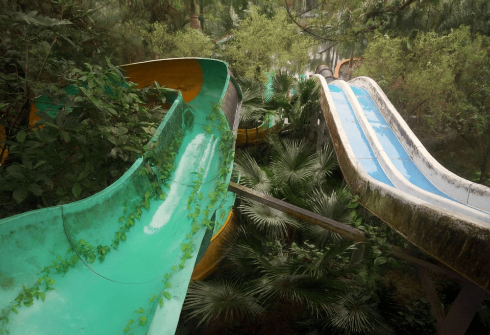 The eerie and mysterious mood that fills the area around the abandoned water slides