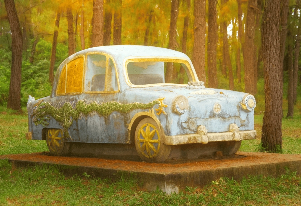 The elegant design and blue color reflect the style of high-end vehicles once owned by Western aristocracy