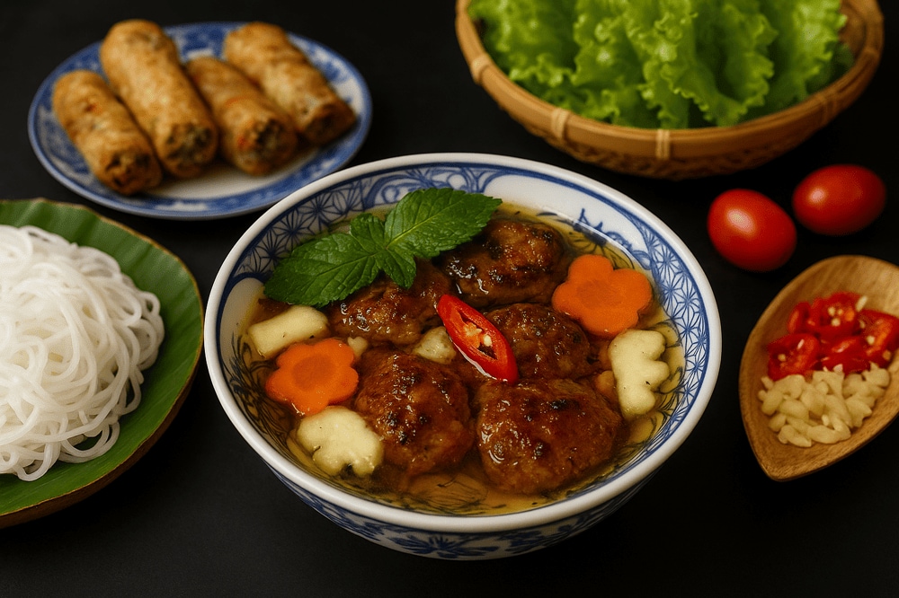 Bun cha is a Hanoi specialty featuring grilled pork served with rice noodles and dipping sauce