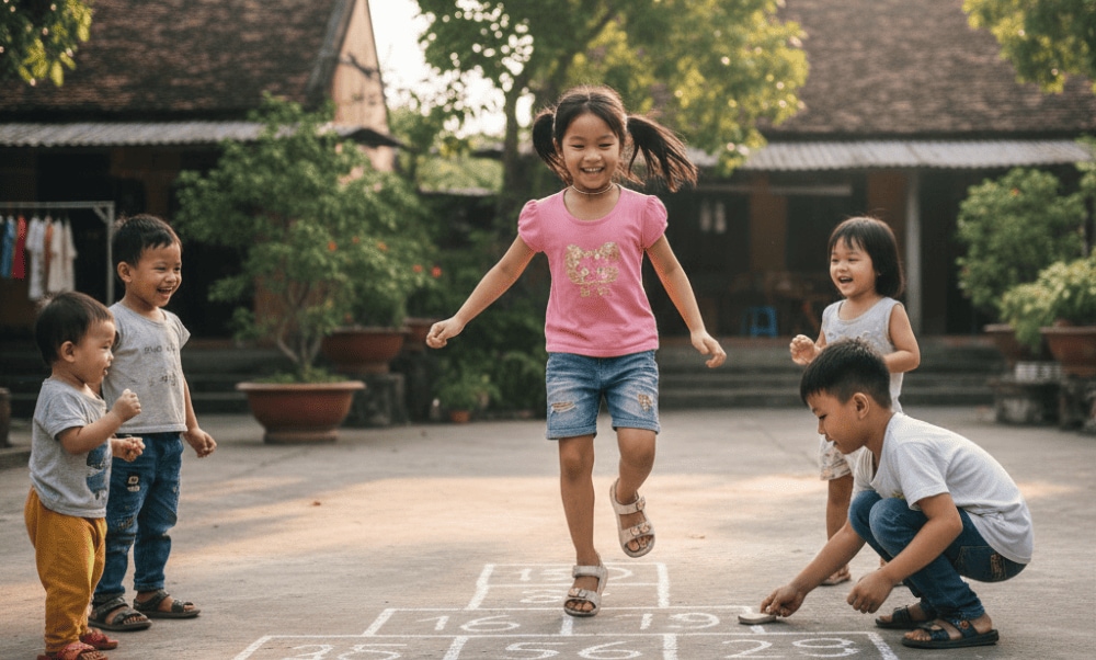 Colorful chalk lines on the ground, laughter echoing through alleys