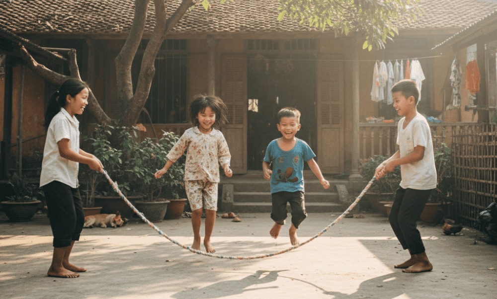 In many Vietnamese villages, jump rope is a common sight during Tet festivals, school recess, or community gatherings, especially among kids