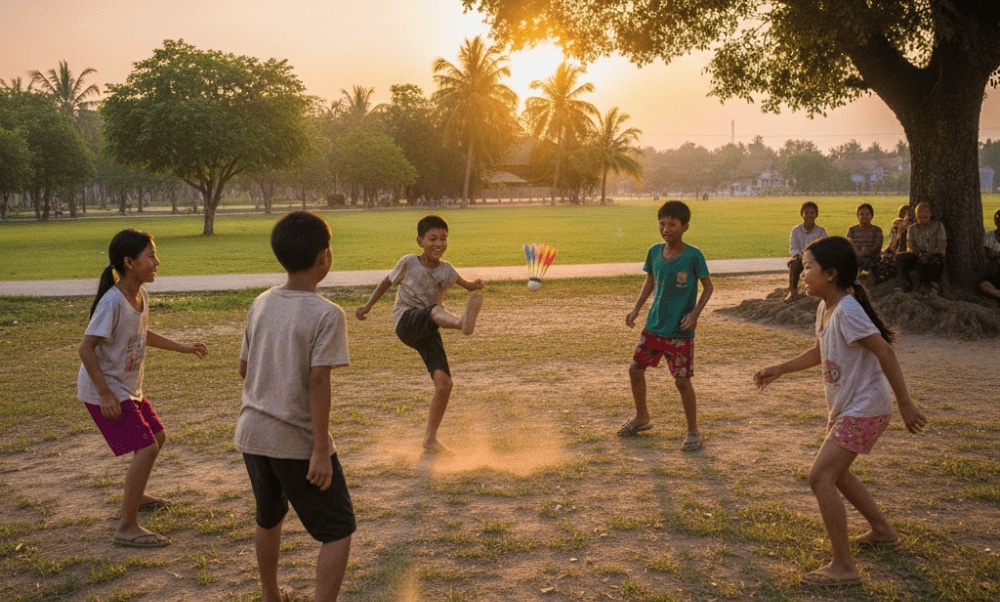 Players use only their feet, knees, chest, and head to keep the shuttlecock airborne; no hands are allowed